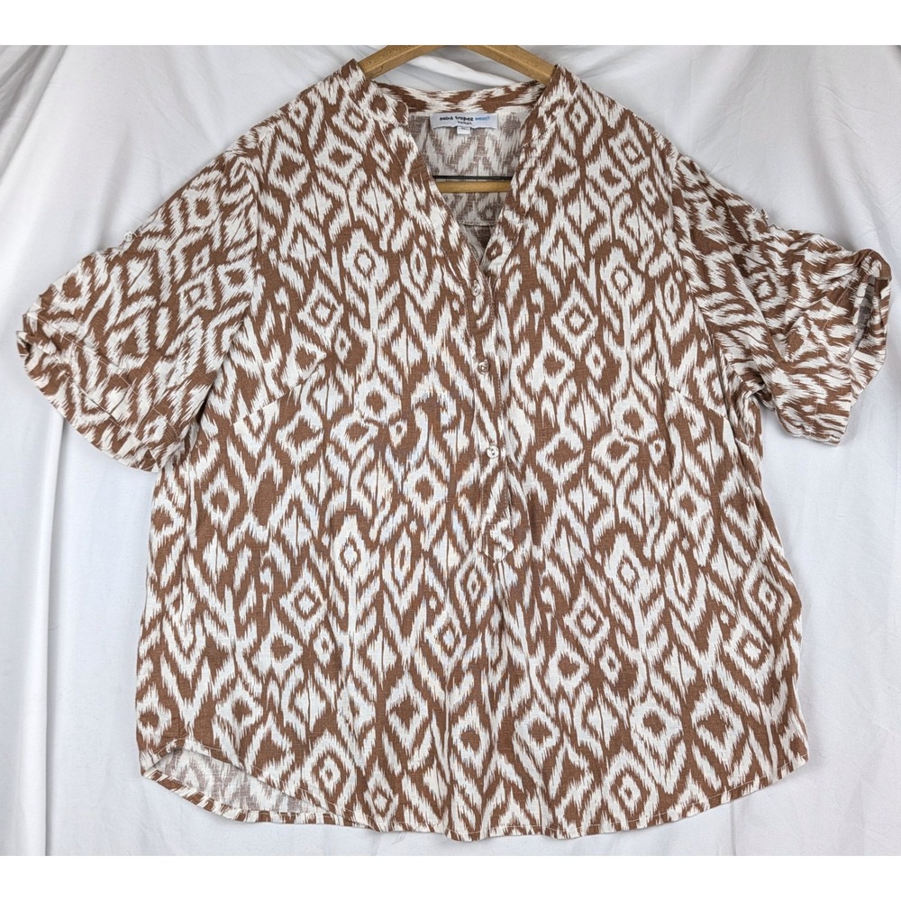 Saint Tropez West Woman Linen Blend Ikat Print Button Front Blouse Brown 1X